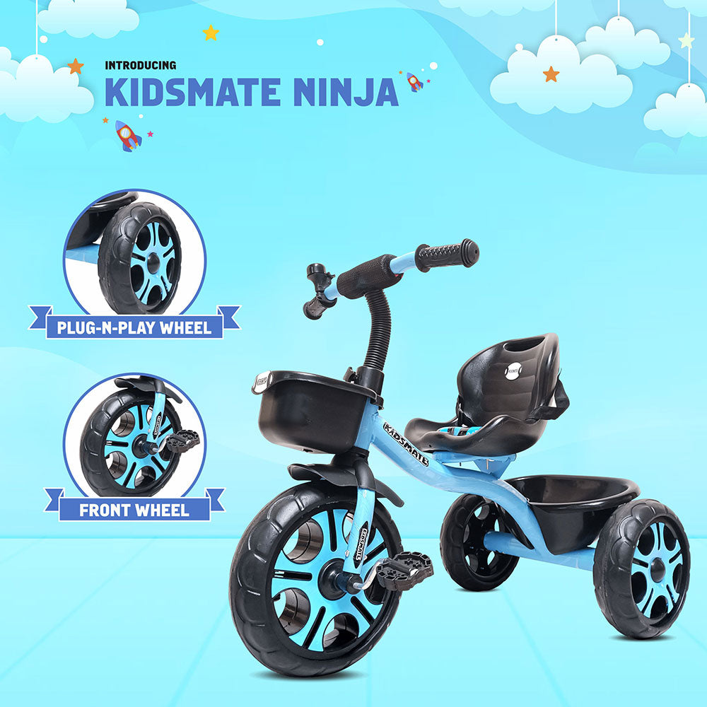 A colorful tricycle designed for kids, featuring a sleek black and blue frame, a comfortable seat, and durable wheels. The tricycle includes a front storage basket and is set against a bright blue background.