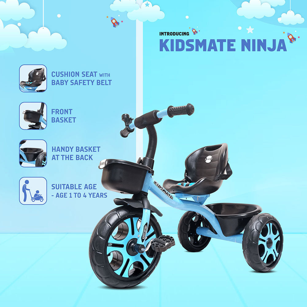 A vibrant blue tricycle designed for kids, featuring a cushioned seat with a safety belt, a handy front basket, and sturdy wheels. The background is a bright blue sky with playful graphics.