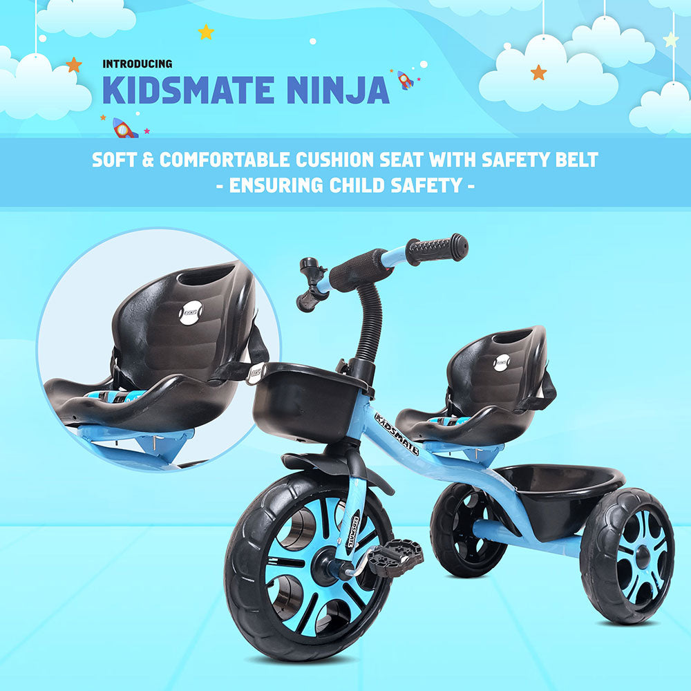 A vibrant tricycle designed for kids, featuring a soft cushion seat with a safety belt. The tricycle has a sleek design with large wheels, perfect for outdoor play.