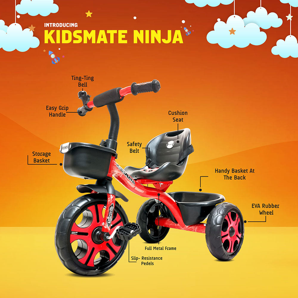 A vibrant tricycle designed for kids, featuring a red and black color scheme. It includes a cushioned seat, safety belt, and a storage basket. The background is bright orange with playful clouds.