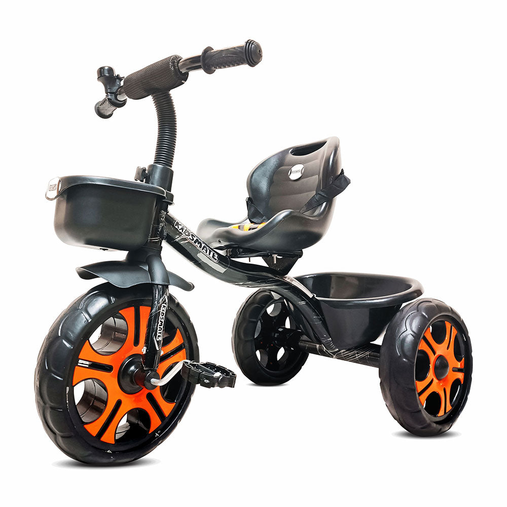 A vibrant orange and black tricycle designed for kids, featuring a comfortable seat, sturdy wheels, and a front storage basket, perfect for outdoor play.