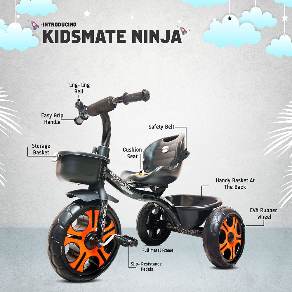 A colorful Kidsmate Ninja tricycle featuring a sturdy metal frame, large rubber wheels, a cushioned seat, and a storage basket at the back. The handlebar has a ting-ting bell for added fun.