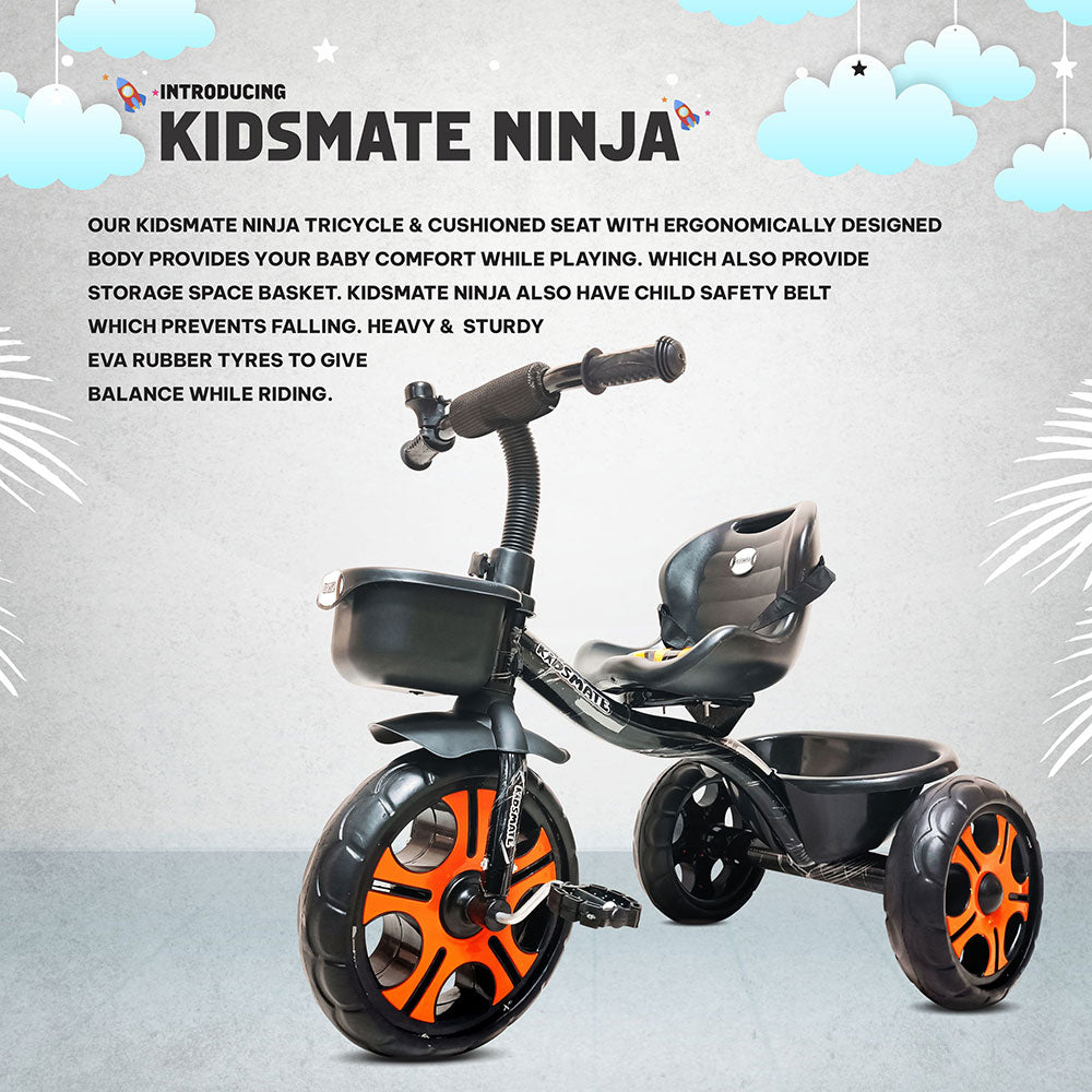 A vibrant Kidsmate Ninja tricycle featuring a cushioned seat, ergonomic design, and sturdy construction. The tricycle has large rubber tires for stability and a playful aesthetic, perfect for kids.