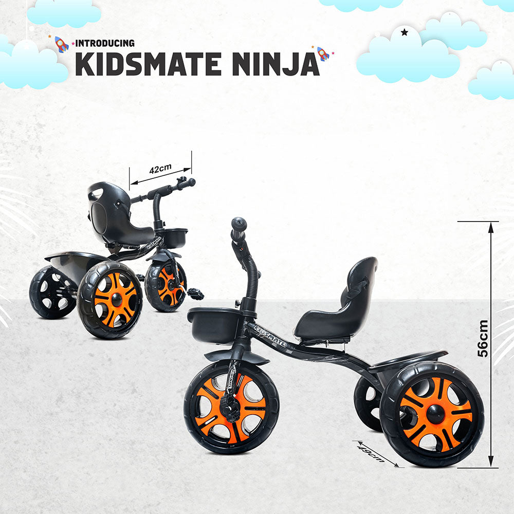 A durable black and orange tricycle designed for kids, featuring three wheels, a comfortable seat, and a small storage compartment. The design is playful and modern, ideal for young children.