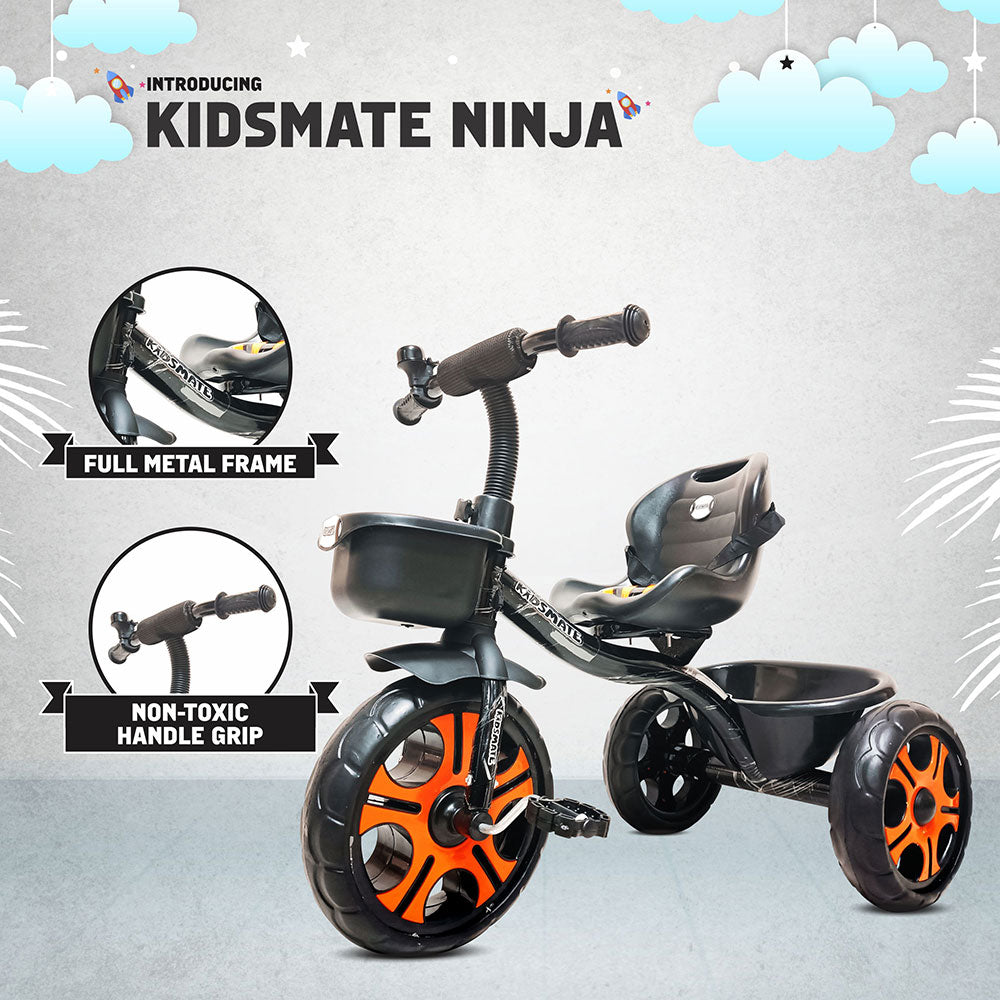 A sleek black tricycle with orange accents, featuring a full metal frame and a comfortable seat. The handlebars have a non-toxic grip, designed for kids. The background includes playful clouds.