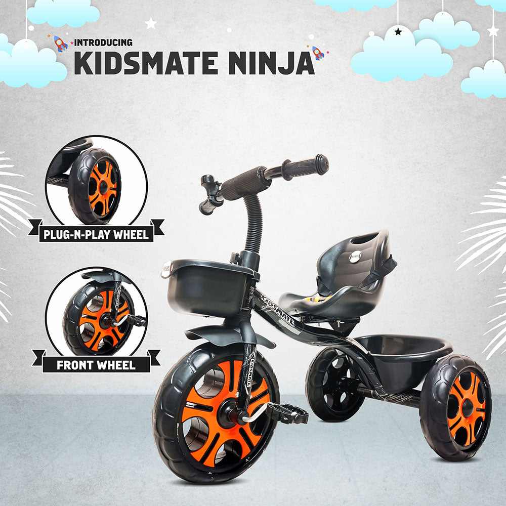 A durable black tricycle for kids featuring vibrant orange wheels. The design includes a comfortable seat and a front storage basket, perfect for little adventures.