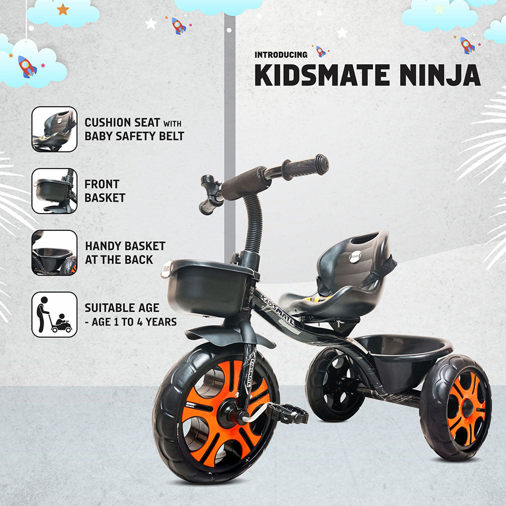 A durable black tricycle for kids featuring a cushioned seat with a baby safety belt, a front storage basket, and stylish orange wheels. Ideal for ages 1 to 4 years.