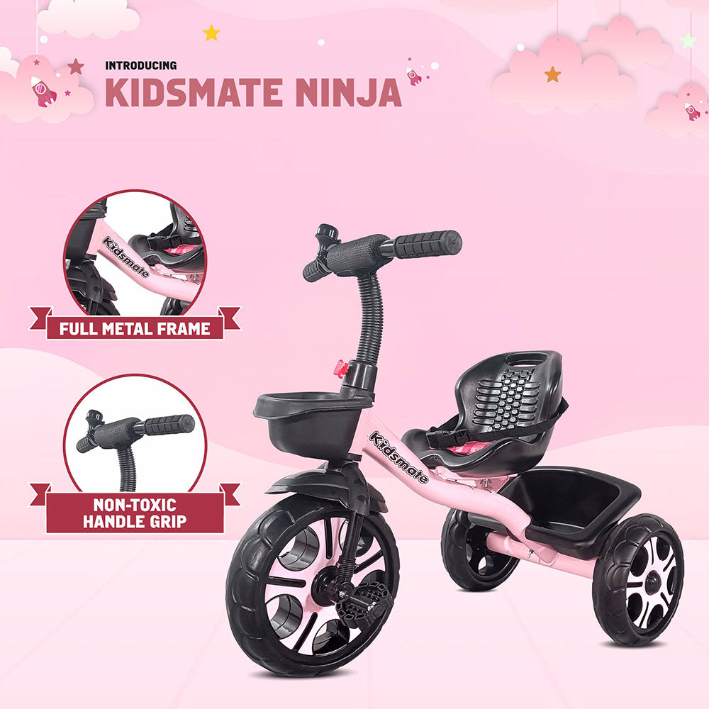 A vibrant pink tricycle designed for kids, featuring a full metal frame and a non-toxic handle grip. The seat is comfortable with a mesh backrest, perfect for little riders.