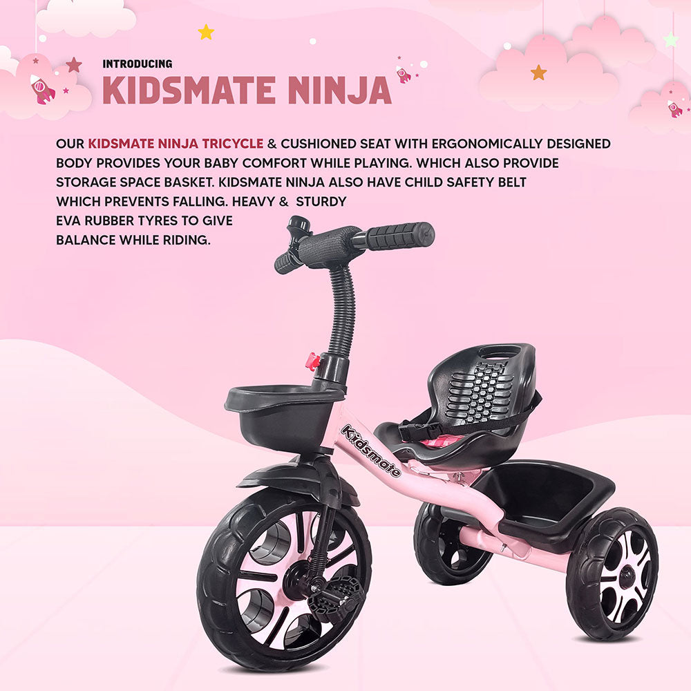 A durable kids tricycle featuring a cushioned seat, ergonomic design, and sturdy rubber tires. The tricycle is primarily pink with a black seat, showcasing a playful and safe riding experience.