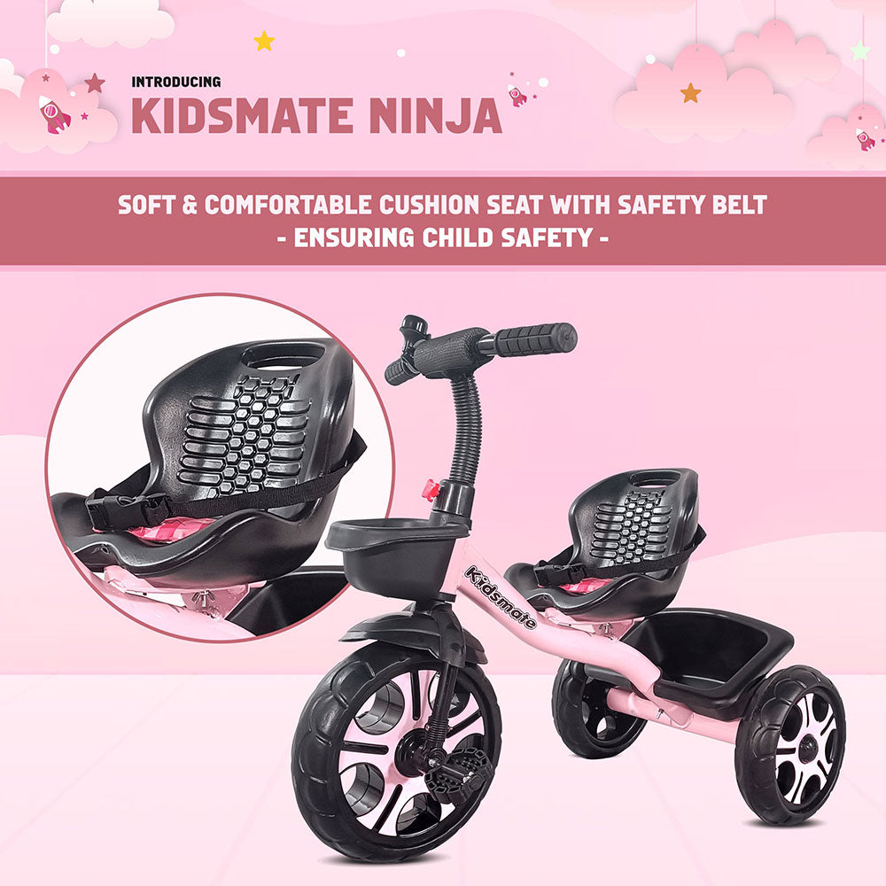 A pink and black Kidsmate Ninja tricycle featuring a soft, comfortable cushion seat with a safety belt. The design includes sturdy wheels and a sleek handlebar, perfect for young children.