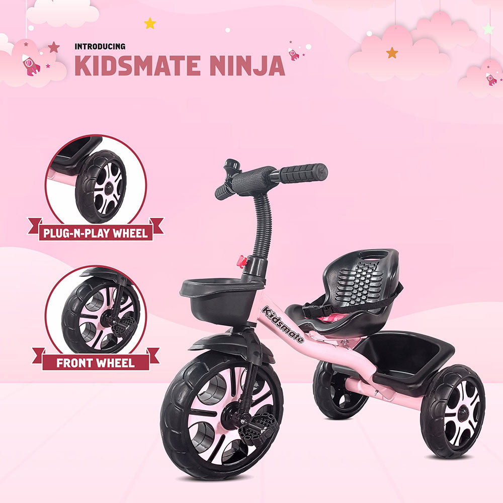 A vibrant pink Kidsmate Ninja tricycle featuring a comfortable seat, sturdy front wheel, and playful design. The background is cheerful with pastel clouds, enhancing the fun appeal for kids.