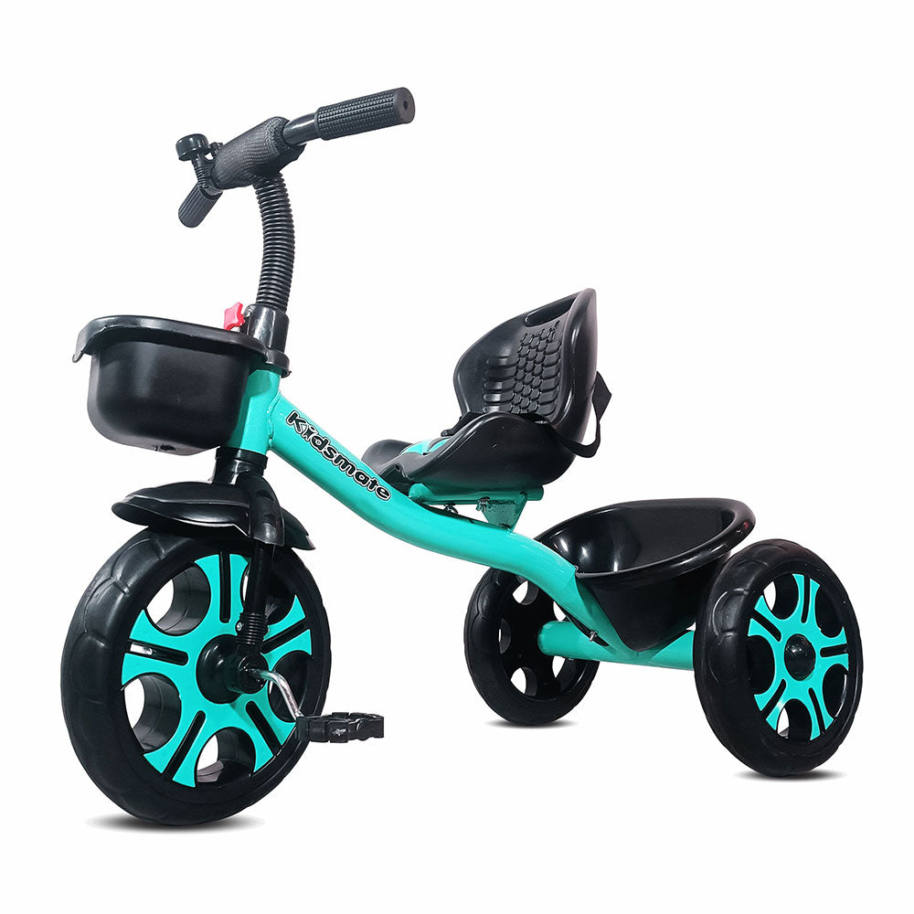 A vibrant green tricycle designed for kids, featuring a comfortable seat, sturdy wheels, and a front basket. The handlebars are equipped with a grip for easy steering.