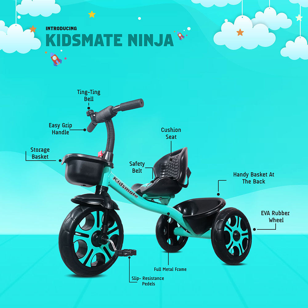 A vibrant tricycle designed for kids, featuring a teal frame, comfortable seat, and sturdy wheels. Includes a storage basket and safety features, set against a playful background with clouds.