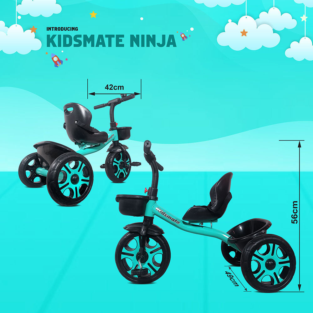 A vibrant Kidsmate Ninja tricycle designed for kids, featuring a sleek turquoise frame, comfortable seat, and sturdy wheels. The background is a cheerful blue with clouds and stars.