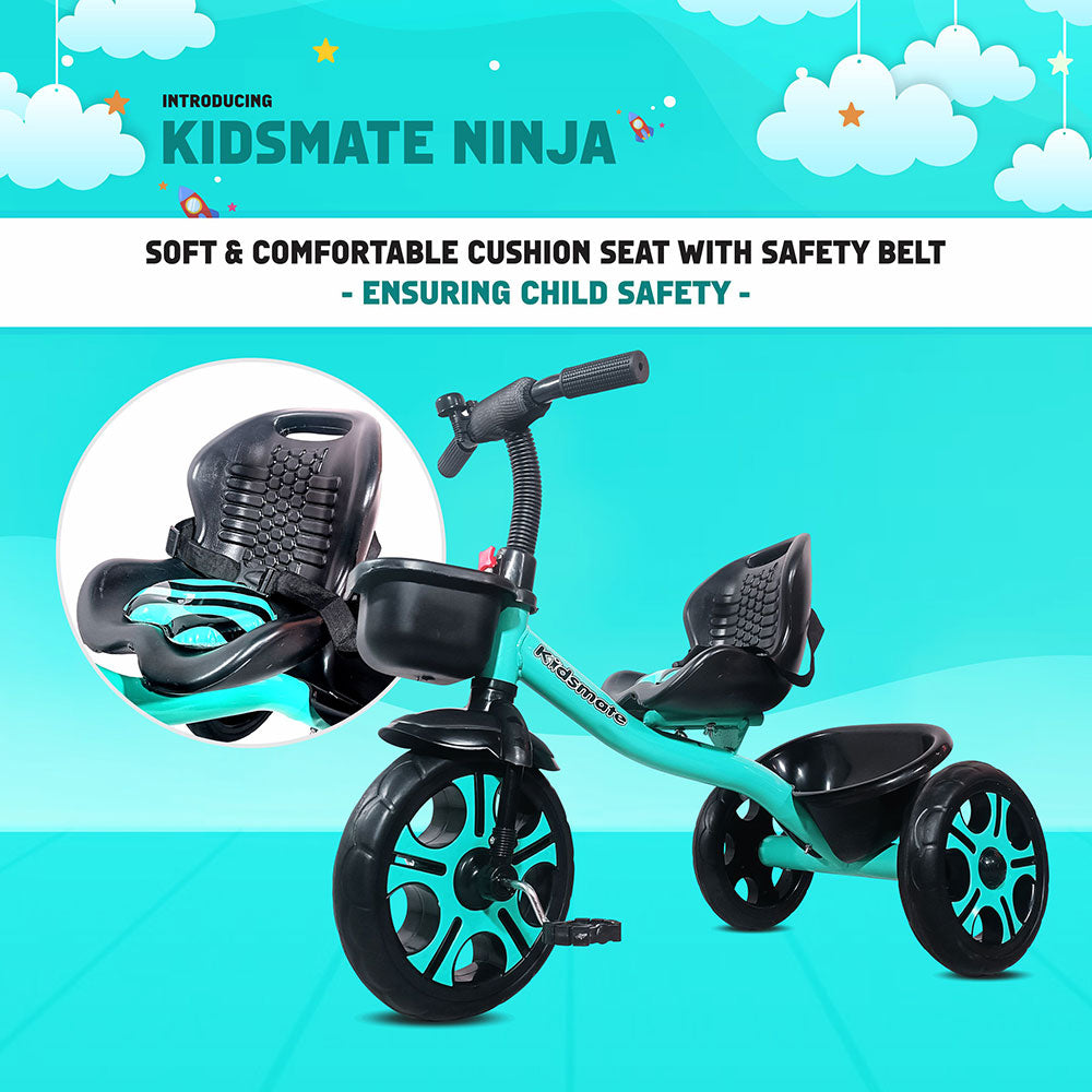 A vibrant Kidsmate Ninja tricycle featuring a soft cushion seat with a safety belt. The tricycle has a sleek design with three wheels and a teal color scheme, set against a playful background of clouds.
