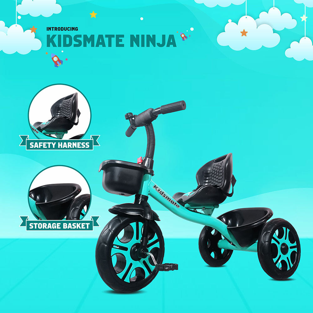 A vibrant turquoise tricycle designed for kids, featuring a safety harness and a storage basket. The tricycle has large black wheels with stylish cutouts, perfect for playful adventures.