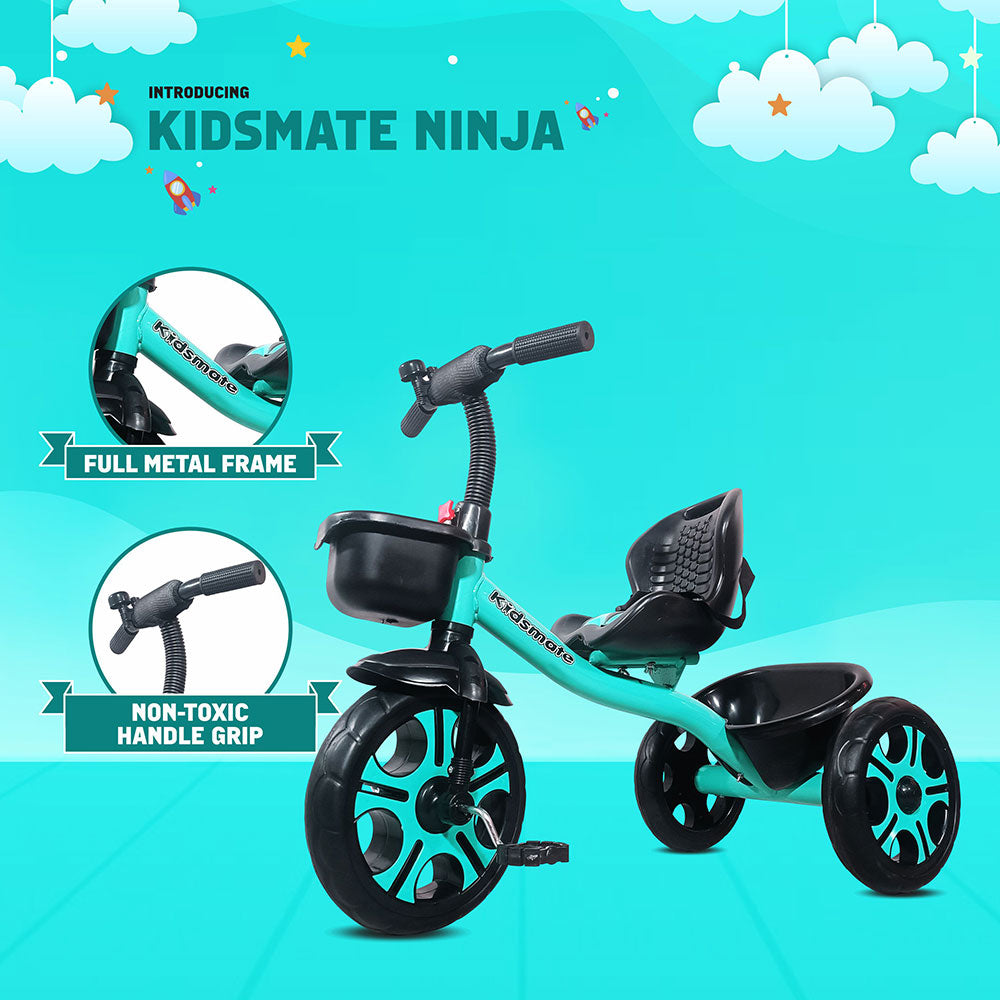 A vibrant turquoise tricycle designed for kids, featuring a full metal frame and non-toxic handle grip. The tricycle has stylish black wheels and a comfortable seat, set against a playful sky background.
