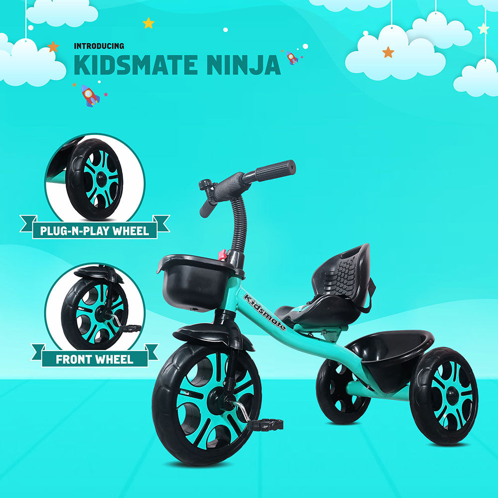 A vibrant turquoise tricycle designed for kids, featuring a comfortable seat and sturdy wheels. The front wheel is highlighted, showcasing its plug-and-play design, set against a playful blue background with clouds.