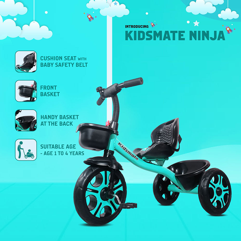 A vibrant Kidsmate Ninja tricycle featuring a cushioned seat with a baby safety belt, a handy basket at the back, and sturdy wheels. The background is a bright turquoise, enhancing the playful design.
