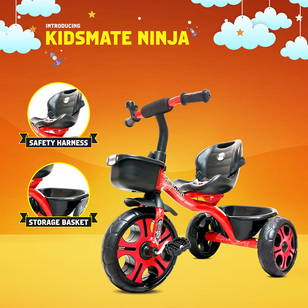 A vibrant red tricycle designed for kids, featuring a safety harness and a storage basket. The background is bright orange with playful clouds, highlighting the fun and adventurous spirit of the Kidsmate Ninja.
