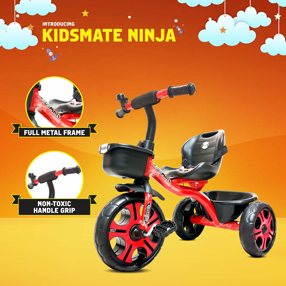 A vibrant red tricycle featuring a full metal frame and non-toxic handle grip. The design includes a comfortable seat and a front storage basket, set against a cheerful orange background with clouds.
