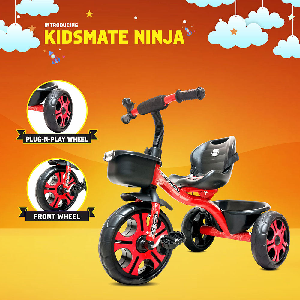 A vibrant red tricycle designed for kids, featuring a comfortable seat, sturdy wheels, and a playful design. The background is bright orange with clouds, enhancing the cheerful theme.