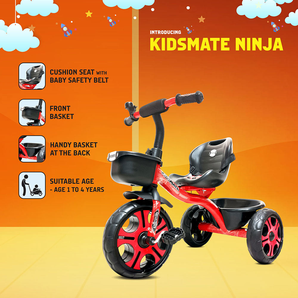 Colorful Kidsmate Ninja tricycle featuring a cushioned seat, front basket, and sturdy wheels. Bright red and black design with playful graphics, suitable for children aged 1 to 4 years.