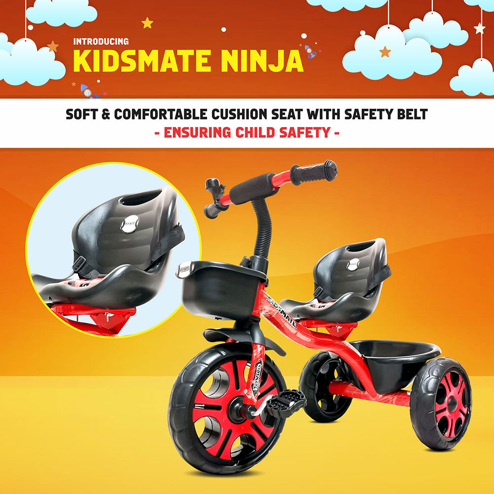 A vibrant tricycle designed for kids, featuring a soft cushion seat with a safety belt. The tricycle has a sleek red and black design, with sturdy wheels and a comfortable handlebar for easy steering.