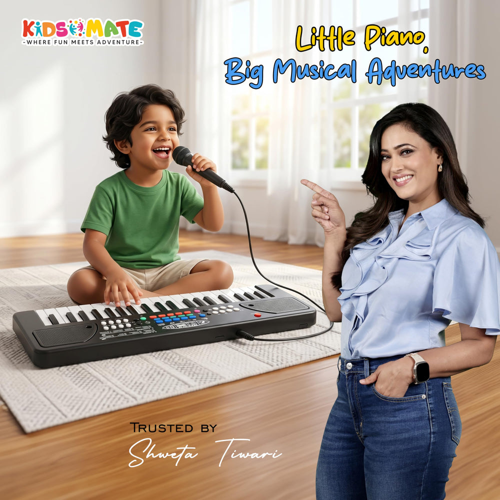 A joyful child playing a colorful piano keyboard while singing into a microphone, accompanied by a smiling woman. The background features a bright, inviting space, enhancing the musical adventure theme.