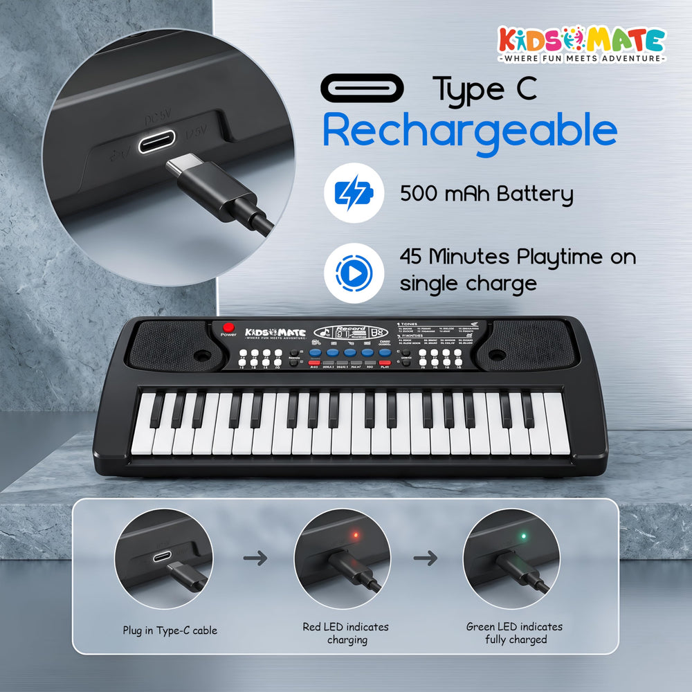 A black piano keyboard designed for kids, featuring colorful keys and various buttons. A Type-C charging cable is visible, along with indicators for charging status. The Kidsmate logo is displayed prominently.