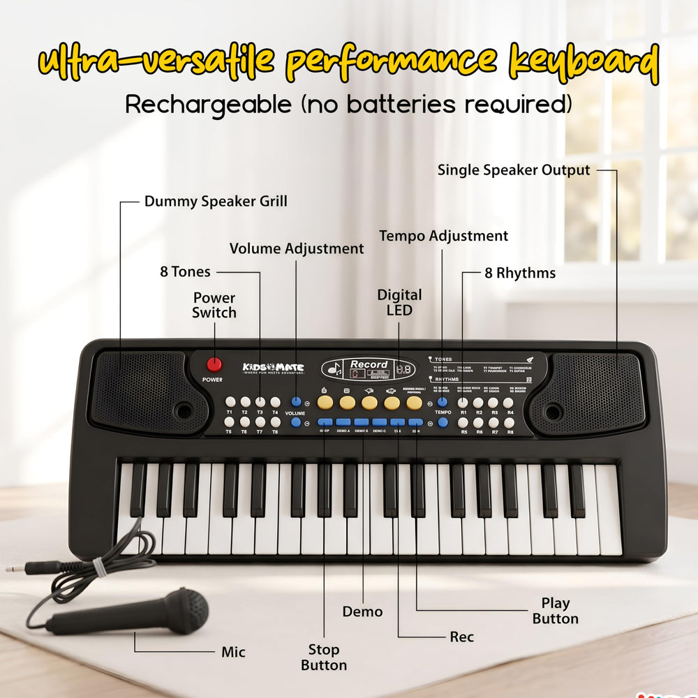 Colorful piano keyboard designed for kids featuring 61 keys, various sound options, and a microphone. Includes buttons for tempo adjustment and volume control, with a playful design.