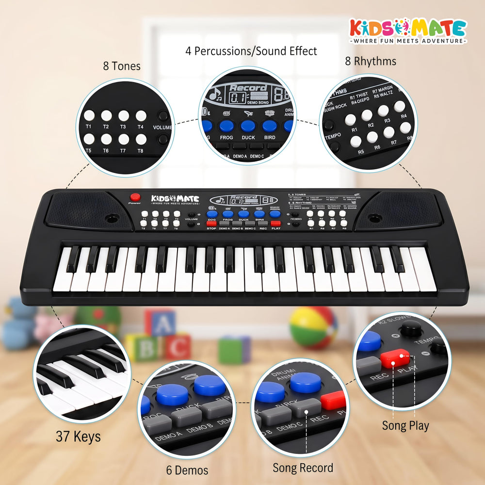 A colorful Kidsmate piano keyboard featuring 37 keys, 8 tones, 8 rhythms, and 4 percussion sounds. The control panel displays buttons for volume, demo songs, and recording functions, set against a playful background.