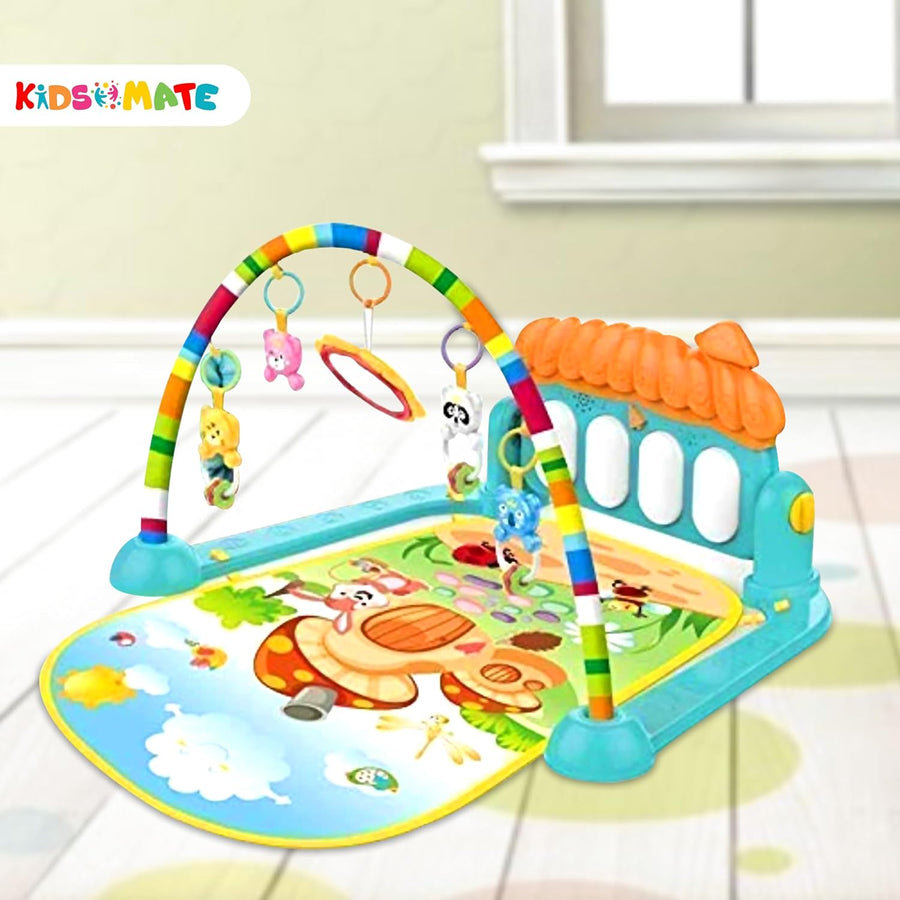 Colorful play mat featuring a whimsical design with animals and toys. Includes an arch with hanging plush toys, perfect for stimulating babies during playtime. Bright and cheerful setting.