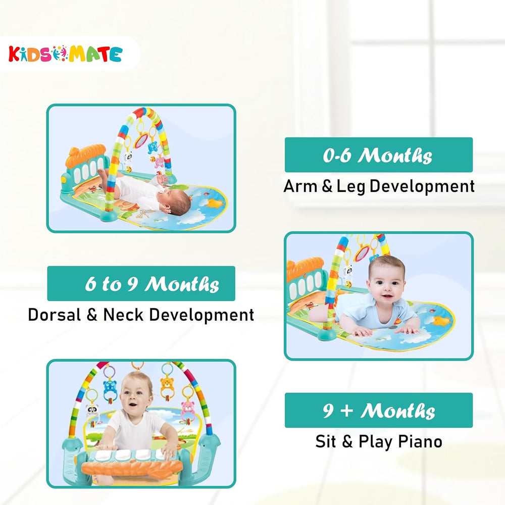 Colorful play mat featuring a piano and various animal designs, designed for babies. Includes sections highlighting developmental stages: 0-6 months, 6-9 months, and 9+ months.
