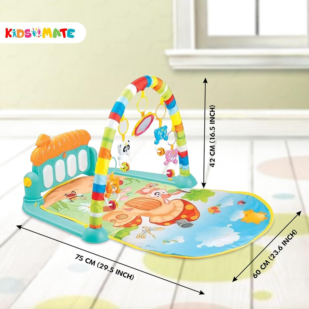Colorful play mat featuring a cheerful animal theme, with an arch holding hanging toys. Dimensions and brand name 'KIDSMATE' are visible on the mat.