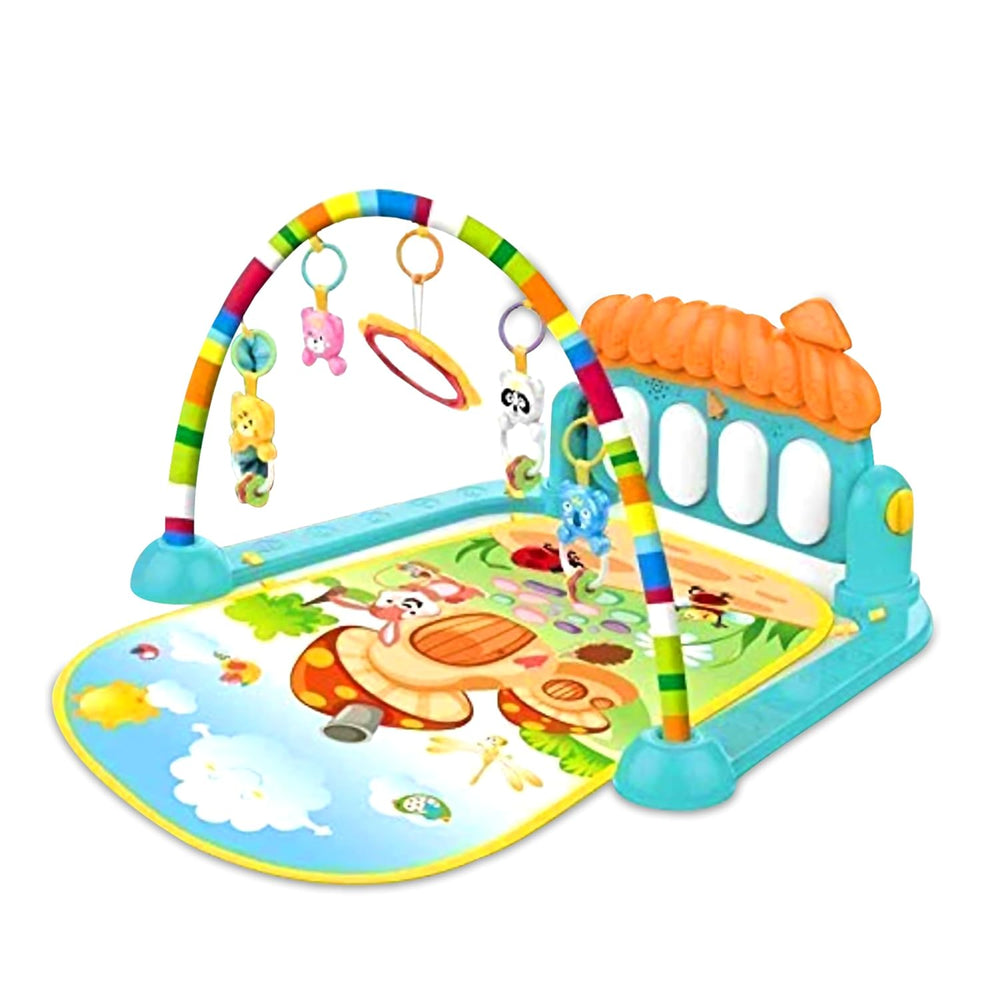 Colorful play mat featuring a whimsical design with animals and clouds, complemented by a vibrant arch holding hanging toys. Perfect for babies to explore and enjoy.