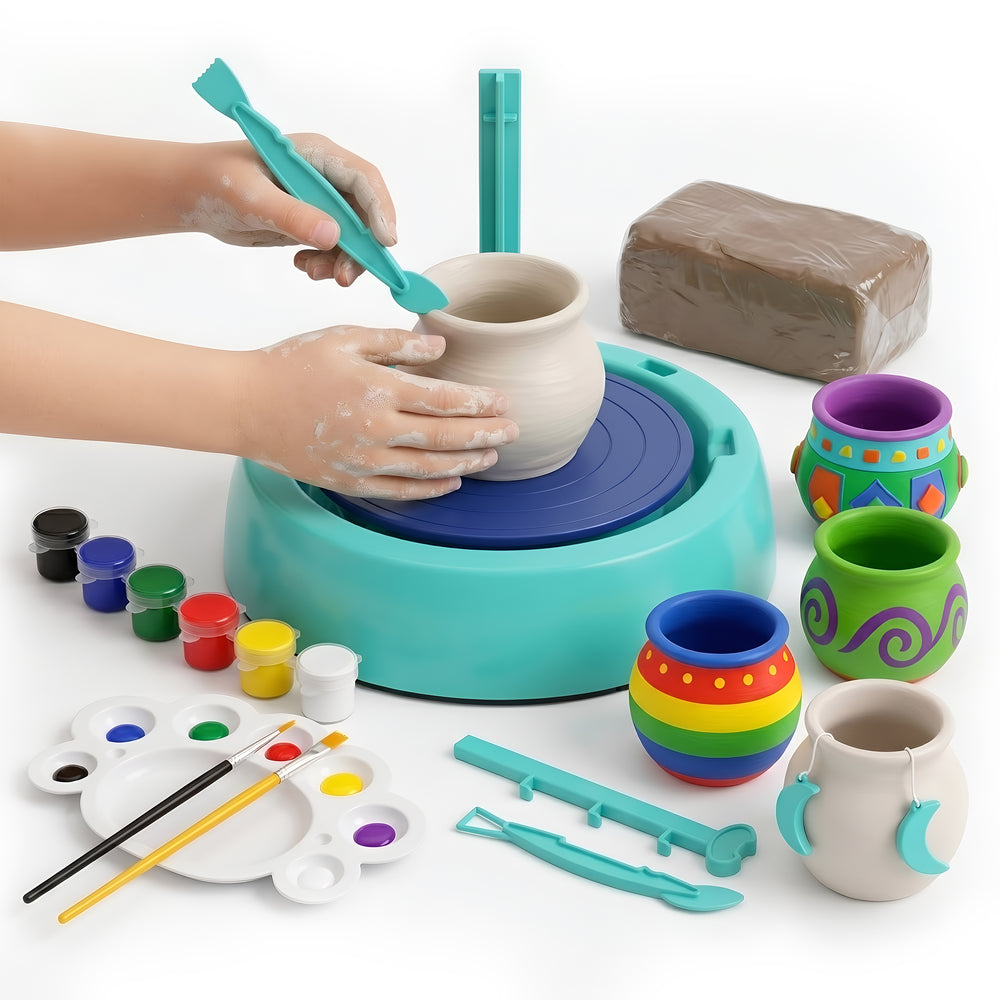 Colorful pottery making kit for kids featuring a spinning wheel, various paint pots, and multiple clay pots in different designs. Hands with clay are shaping a pot.