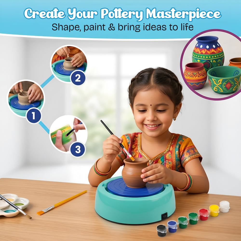 A young girl joyfully using a pottery wheel, surrounded by colorful paints and pottery pieces. The scene is bright and inviting, showcasing creativity and fun in pottery making.