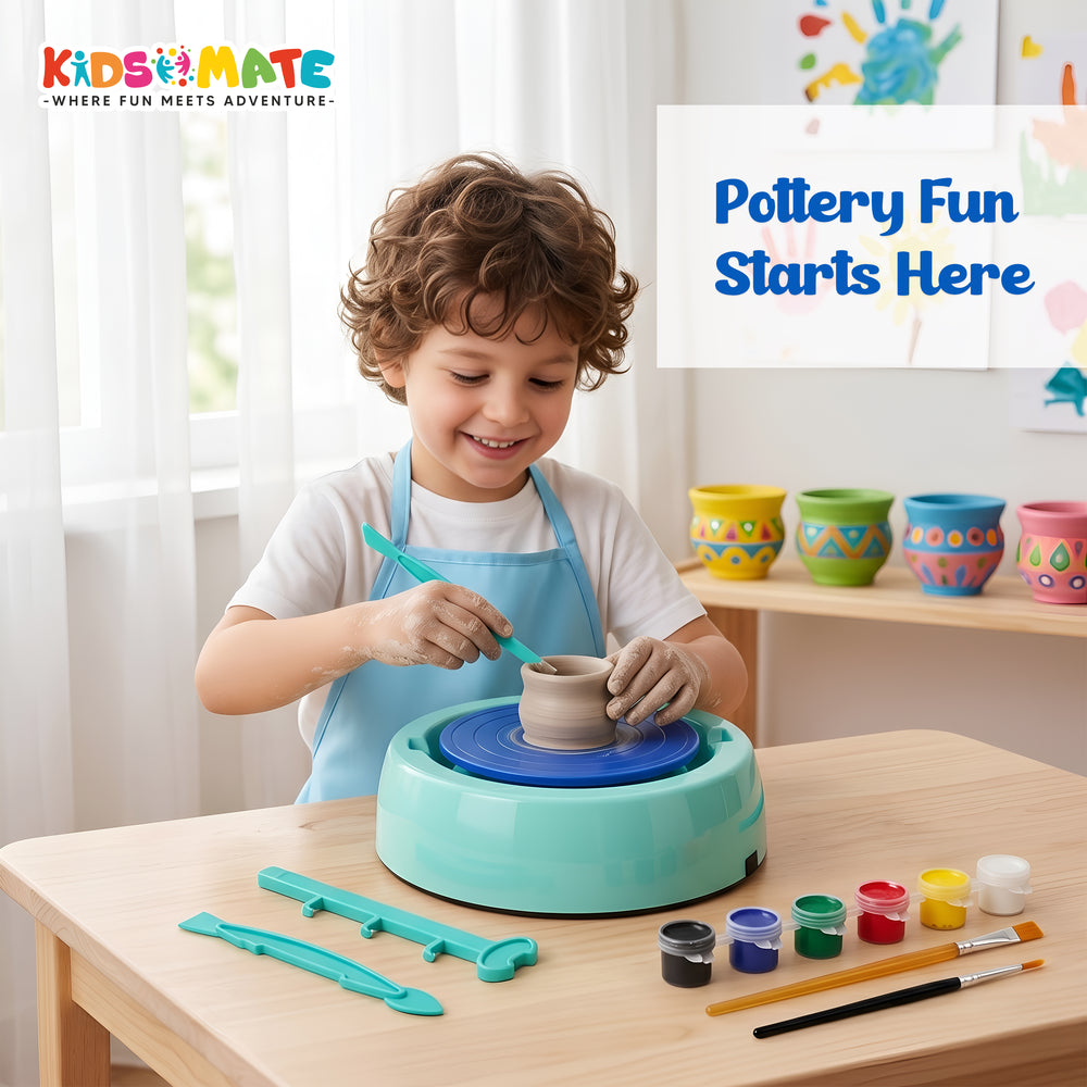A cheerful child using a pottery wheel, shaping clay with a focused expression. Colorful paint pots and tools are arranged nearby, with decorative pottery in the background. The text reads 'Pottery Fun Starts Here'.