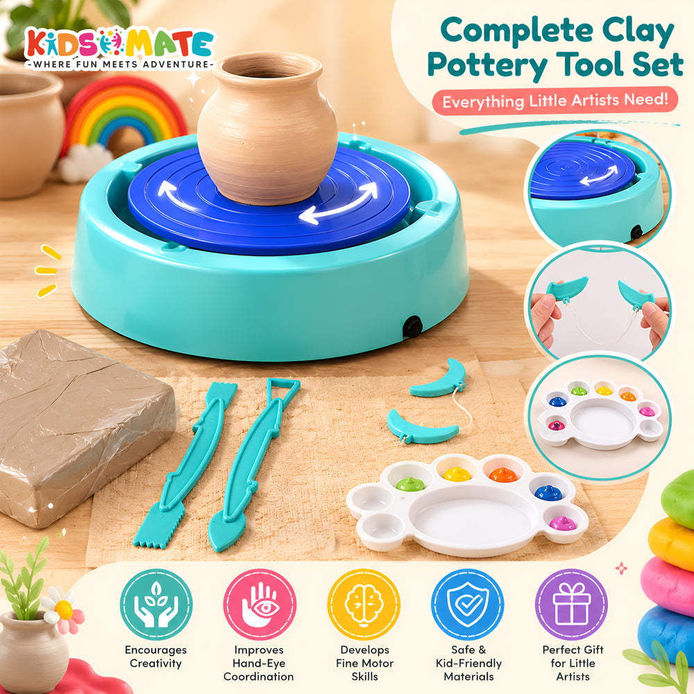 Colorful pottery making kit featuring a spinning pottery wheel, clay tools, a small clay pot, and a palette with colorful paints, all set on a bright, cheerful background.