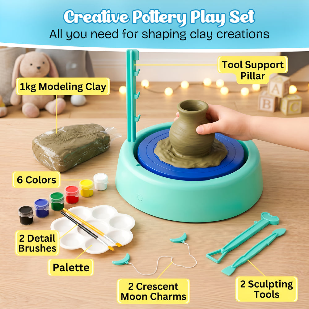 A colorful pottery making kit for kids featuring a pottery wheel, modeling clay, paint pots in six colors, sculpting tools, and charm accessories, all arranged on a bright surface.