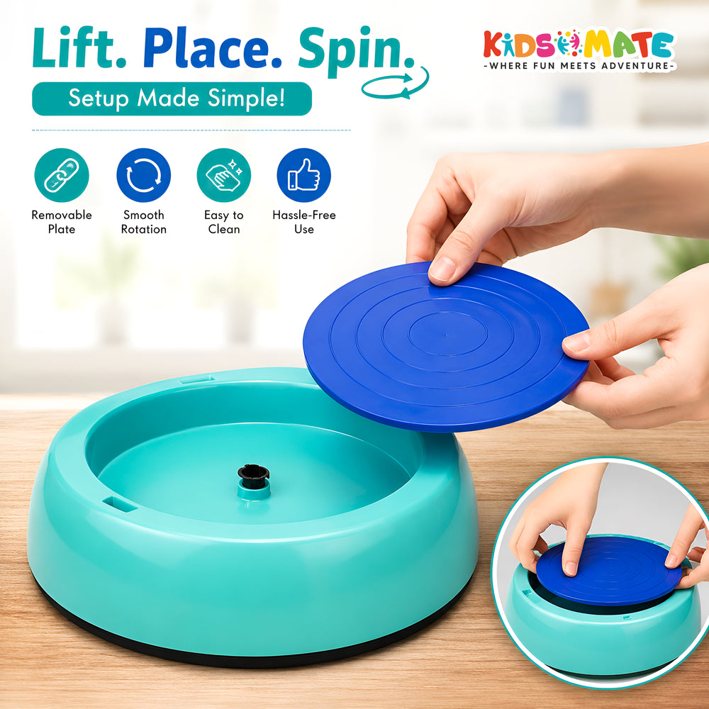 A colorful pottery making kit featuring a turquoise base with a removable blue spinning plate. A child's hand is shown placing the plate, emphasizing ease of use and fun creativity.