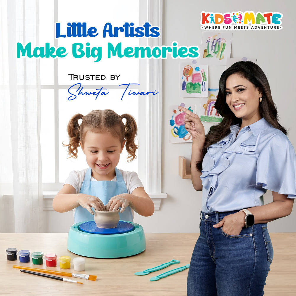 A cheerful girl and a woman are engaged in pottery making, surrounded by colorful paints and art supplies. The background features vibrant artwork. The Kidsmate logo is visible.