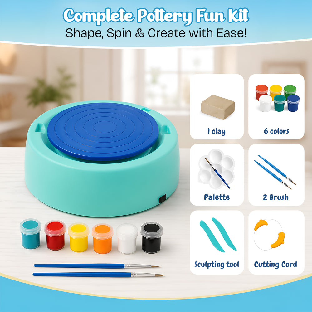 A colorful pottery making kit for kids featuring a blue pottery wheel, clay, paint pots in various colors, brushes, sculpting tools, and a cutting cord, all arranged neatly on a bright background.