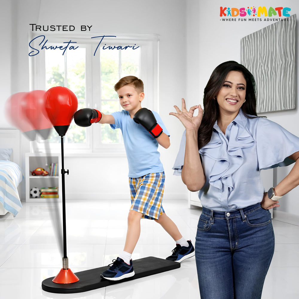 A young boy wearing boxing gloves practices on a punching stand with red punching bags. A woman stands nearby, smiling and encouraging him. The background features a playful, colorful design.