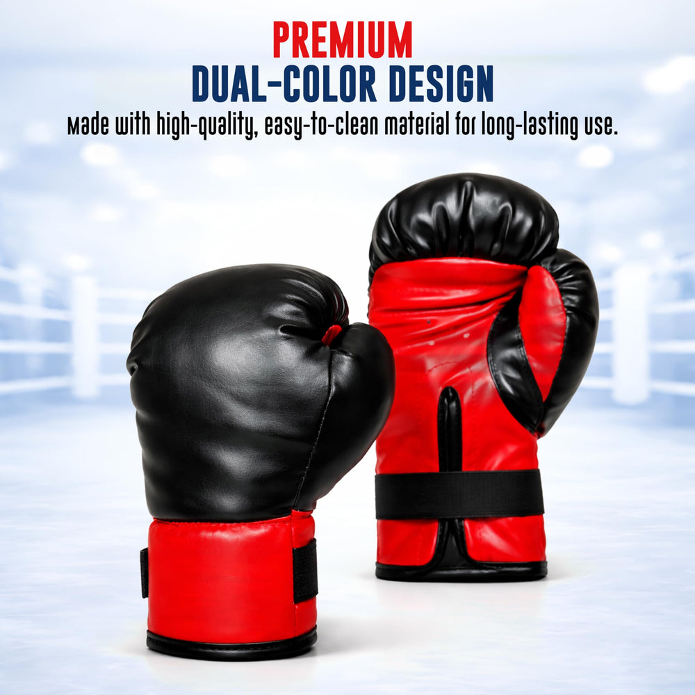 A pair of kids' boxing gloves featuring a premium dual-color design in black and red. The gloves are made from high-quality, easy-to-clean material, perfect for young athletes.