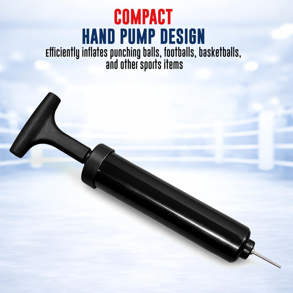 Compact hand pump designed for inflating punching balls, footballs, basketballs, and other sports items. The pump features a sturdy handle and a needle for easy use.