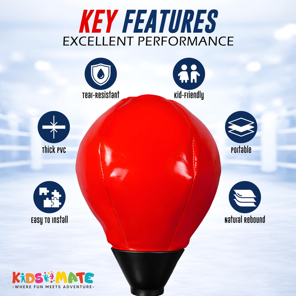 A vibrant red boxing punching bag on a black base, featuring icons highlighting key features like tear-resistance and portability. The background shows a blurred boxing gym setting.