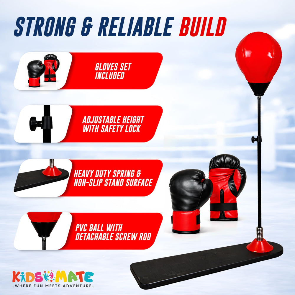 A vibrant boxing punching stand for kids featuring a red punching bag and black base. Includes a pair of red gloves and a pump, showcasing adjustable height and a sturdy design.
