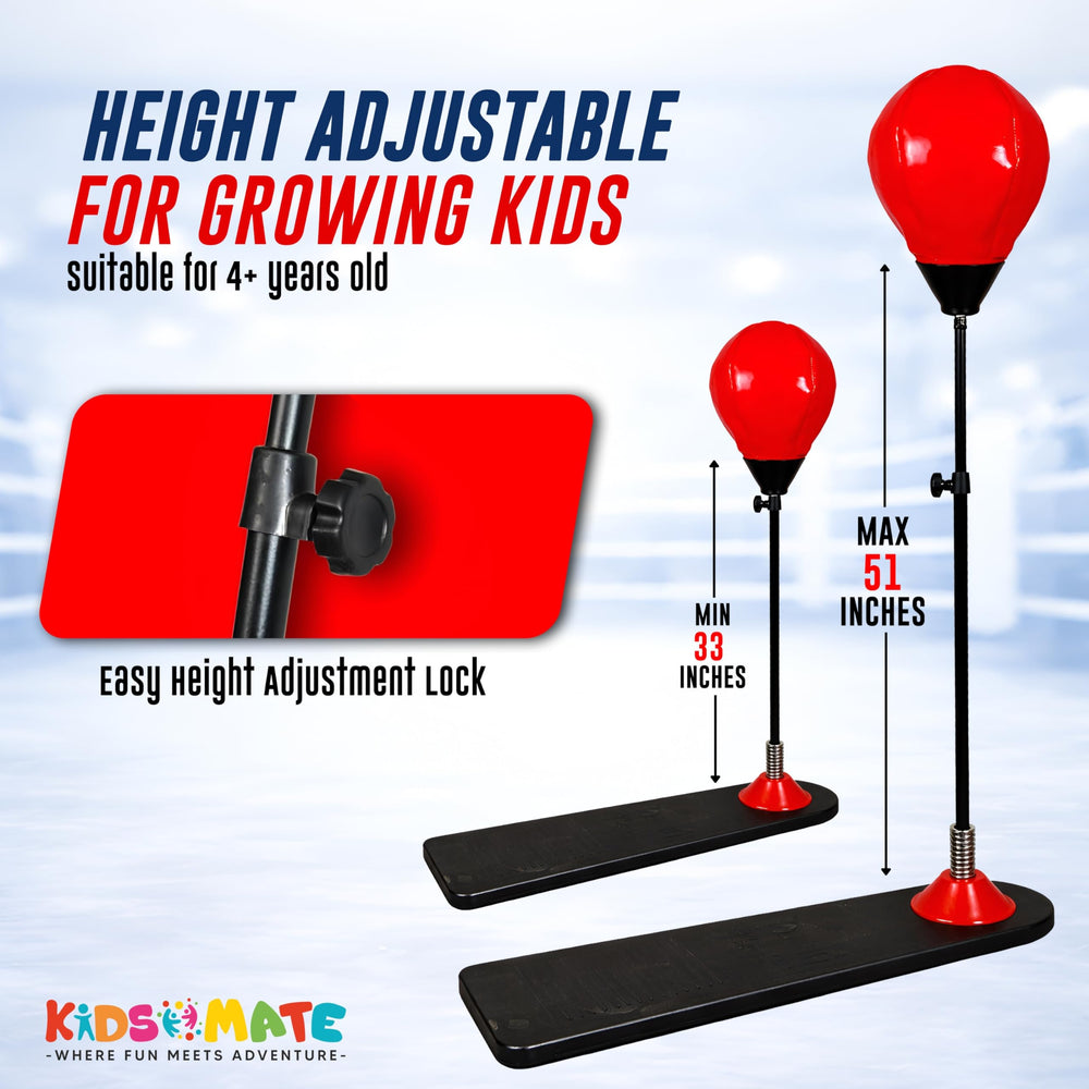 A vibrant boxing punching stand designed for kids, featuring a red punching bag and a sturdy black base. The height is adjustable, with a maximum height of 51 inches, suitable for children aged 4 and up. The Kidsmate